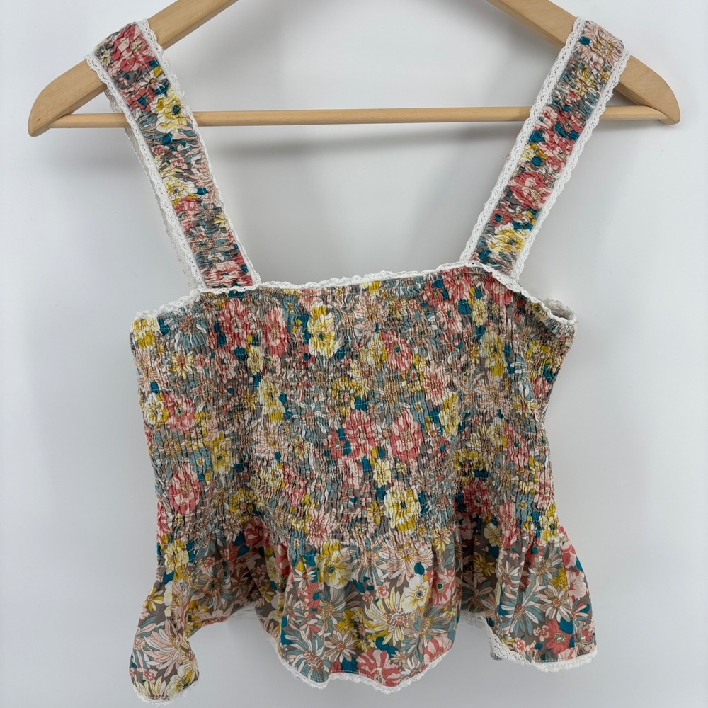 Alania Smocked‎ Floral Top Women S Multicolor Excellent Lace Trim Cotton Peplum